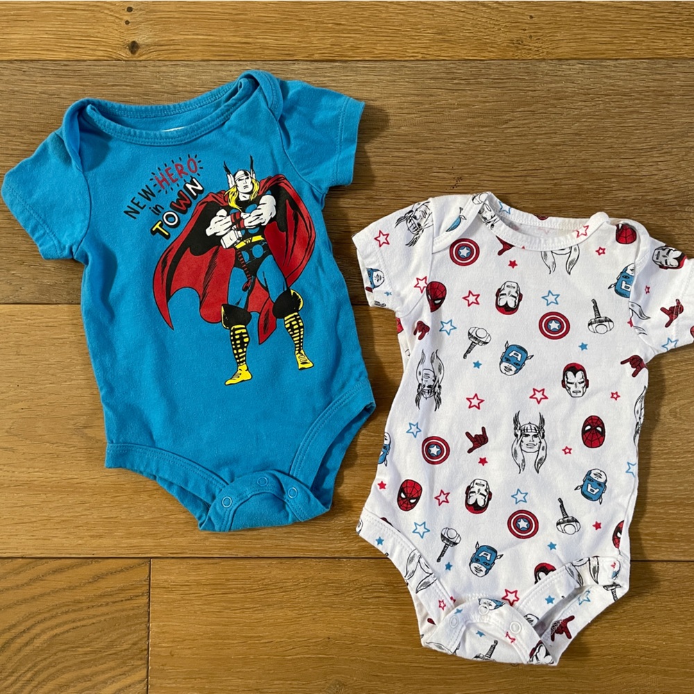 Marvel baby Onesies — White & Bright Blue with Red Accents